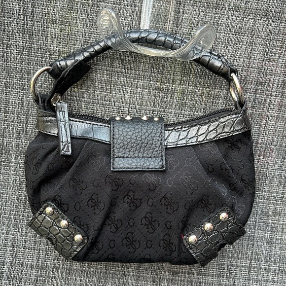 Vintage Guess Black Logo Canvas Studded & Buckled Small Single Handle Y2k Bag - Picture 5 of 9